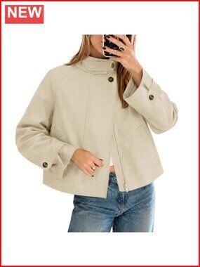Women's Cropped Trench Coat Funnel Neck Zip Up Long Sleeve